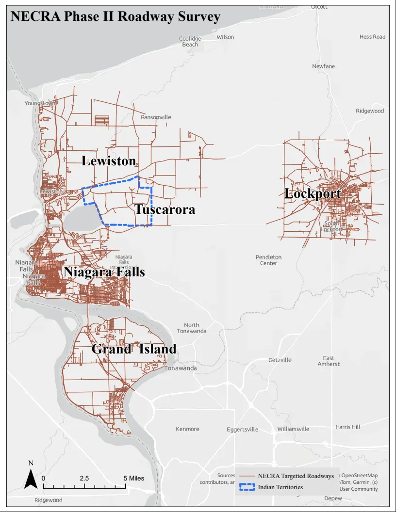 NECRA Phase II Roadway Survey map showing targeted roadways across Niagara Falls, Lewiston, Grand Island, and Lockport, with Tuscarora Territory outlined in blue.