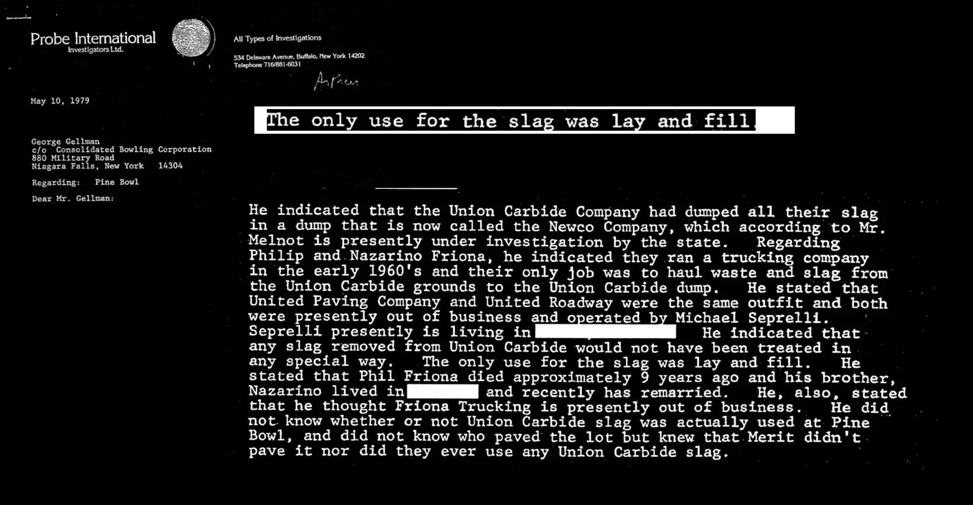 Probe International’s May 10, 1979 report describing Union Carbide slag being hauled to the company dump and used as fill