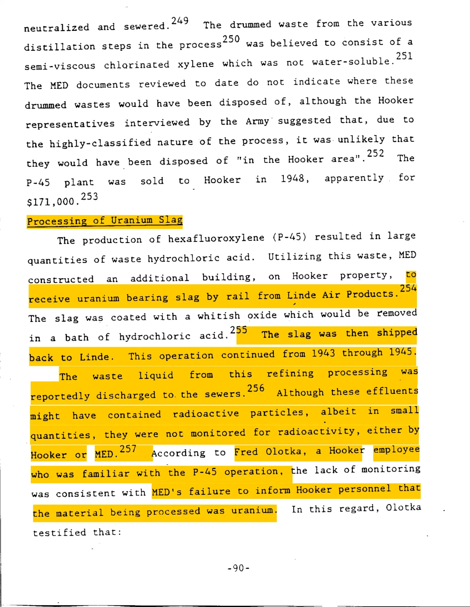 Highlighted page 90 of The Federal Connection report describing Hooker’s uranium-slag recovery process and unmonitored radioactive effluent