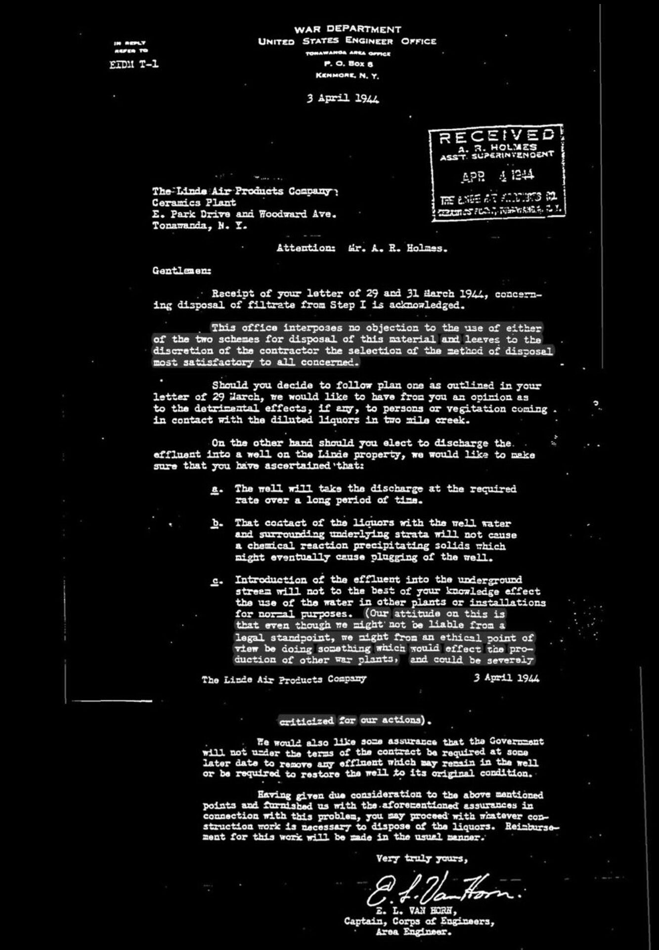 War Department response to Linde dated April 3, 1944.